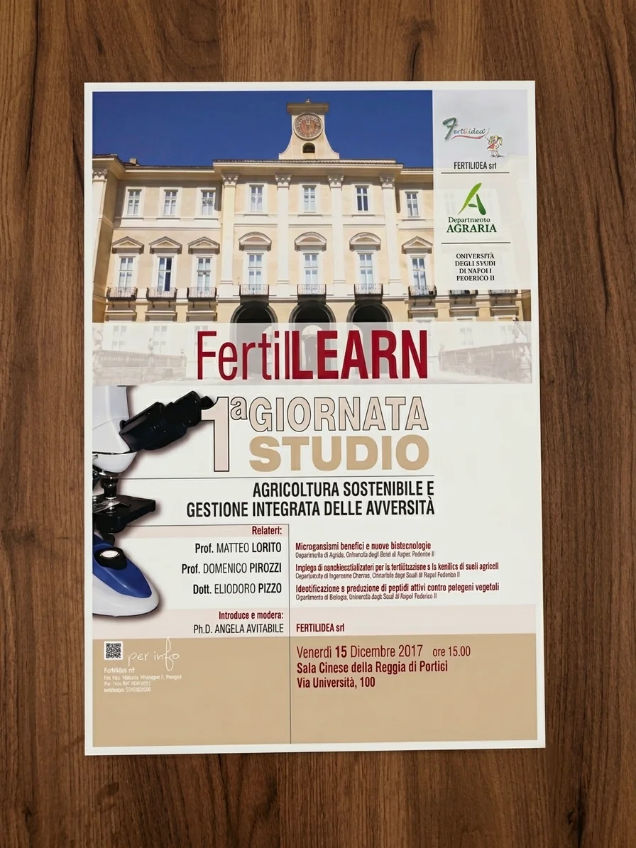 Locandina della prima giornata di studio FertilLEARN sull'agricoltura sostenibile alla Reggia di Portici, dicembre 2017